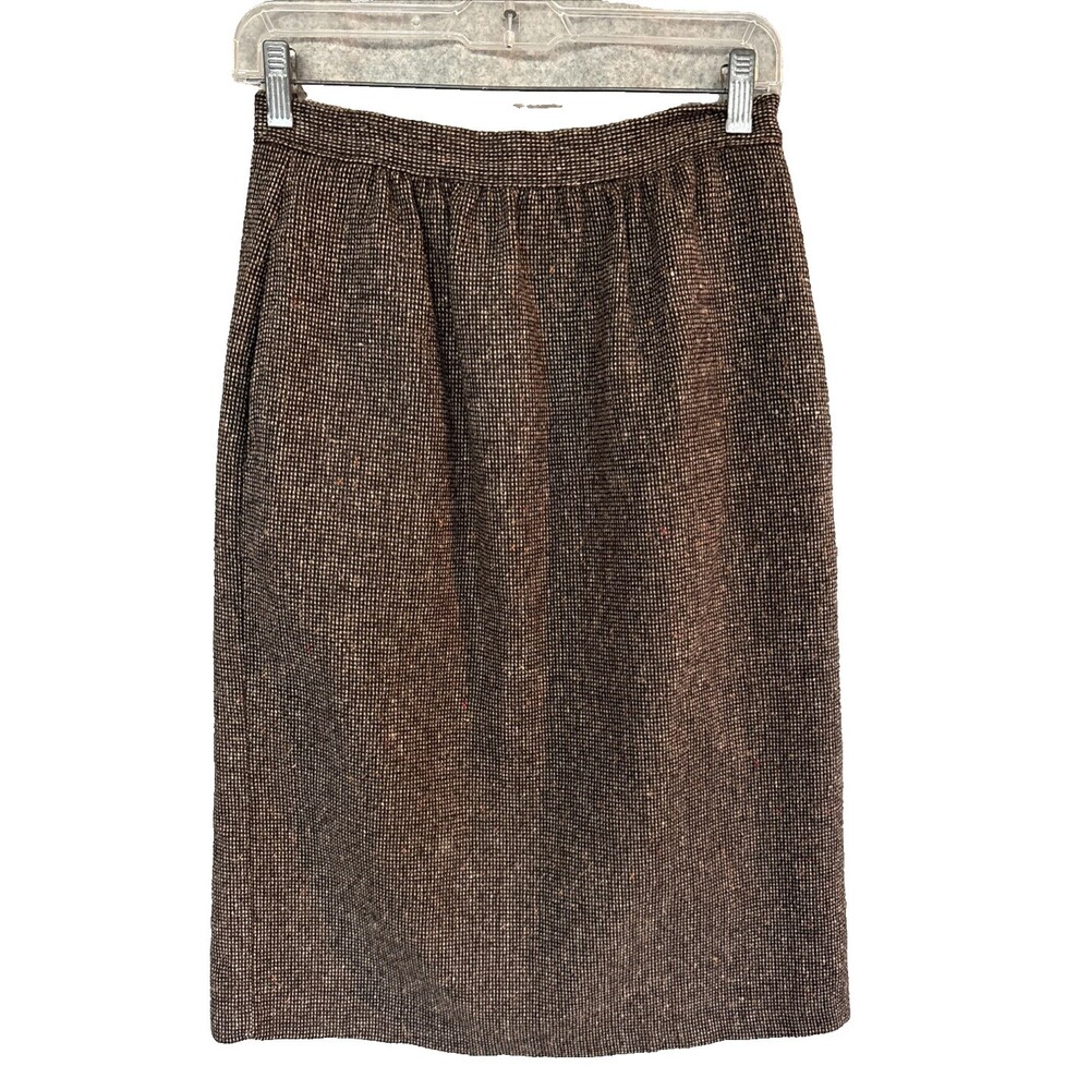 VTG Russ Wool Blend Tween Donegal Style Brown Midi Skirt Women's 8 Pockets Lined
